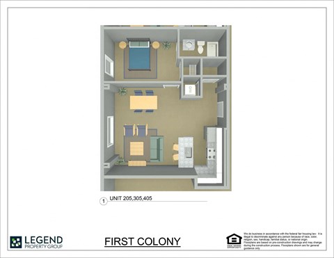 Floor plan for 1 bed, 1 bath, 603 sqft