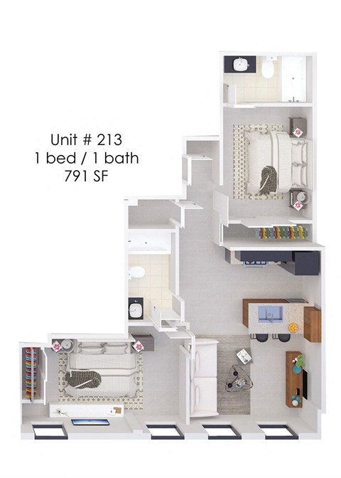 Floor plan for 2 beds, 2 baths, 791 sqft