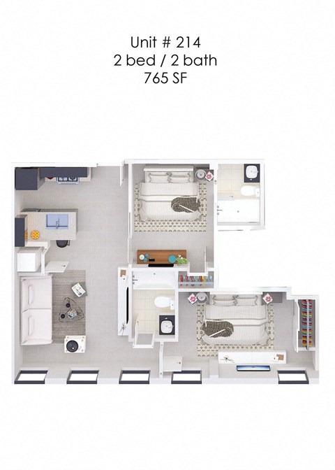 Floor plan for 2 beds, 2 baths, 765 sqft