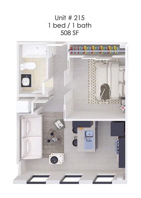 Floor plan for 1 bed, 1 bath, 508 sqft