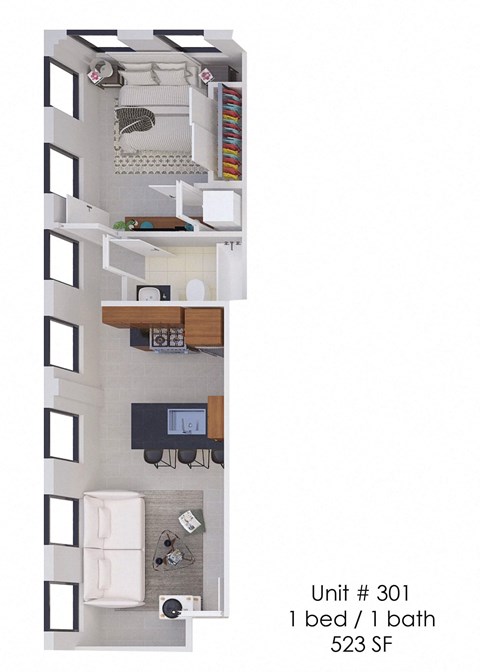 Floor plan for 1 bed, 1 bath, 523 sqft