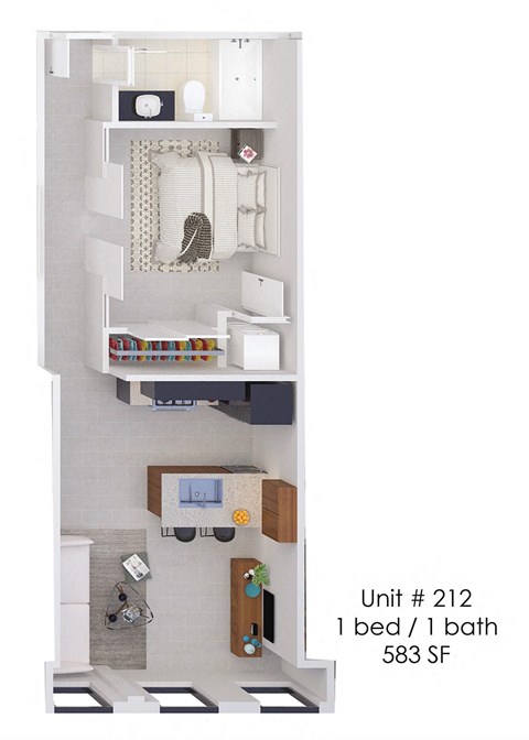 Floor plan for 1 bed, 1 bath, 583 sqft