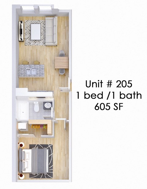 Floor plan for 1 bed, 1 bath, 605 sqft