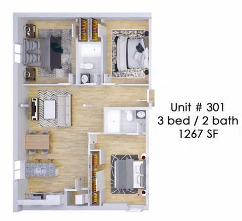 Floor plan for 3 beds, 2 baths, 1267 sqft