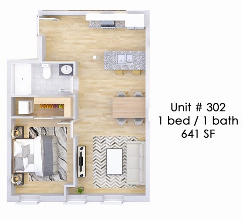 Floor plan for 1 bed, 1 bath, 641 sqft
