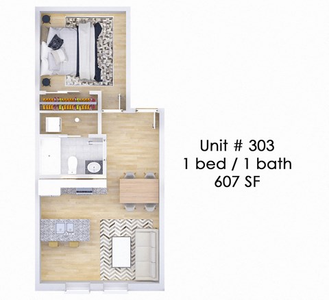 Floor plan for 1 bed, 1 bath, 607 sqft