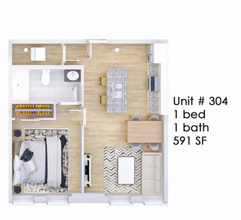 Floor plan for 1 bed, 1 bath, 591 sqft
