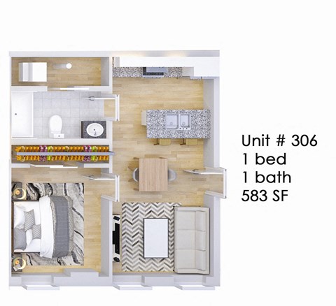 Floor plan for 1 bed, 1 bath, 583 sqft