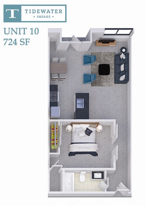 Floor plan for 1 bed, 1 bath, 724 sqft