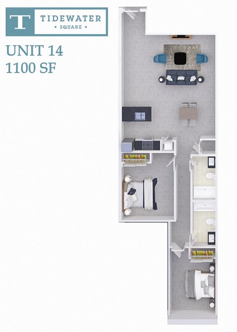 Floor plan for 2 beds, 2 baths, 1100 sqft