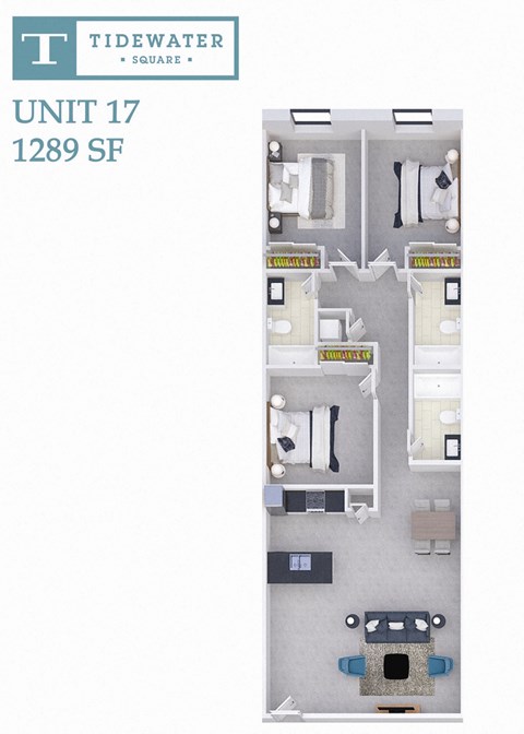 Floor plan for 3 beds, 3 baths, 1289 sqft