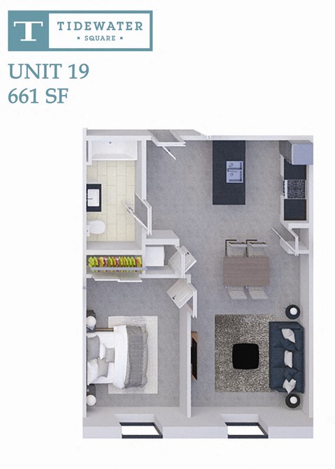 Floor plan for 1 bed, 1 bath, 660 sqft