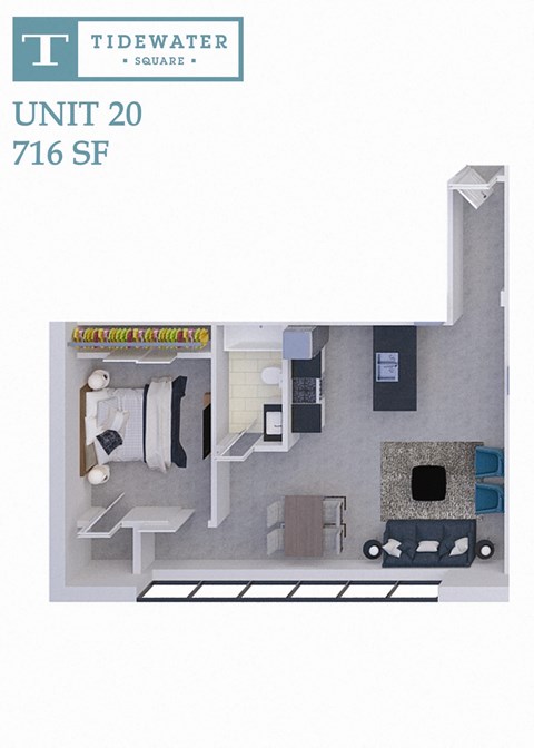 Floor plan for 1 bed, 1 bath, 735 sqft