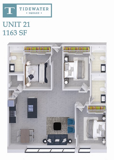 Floor plan for 3 beds, 3 baths, 1163 sqft