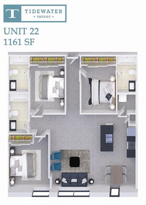 Floor plan for 3 beds, 3 baths, 1161 sqft
