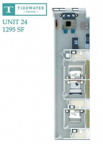 Floor plan for 3 beds, 3 baths, 1295 sqft