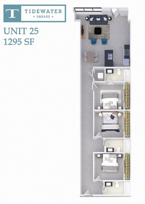 Floor plan for 3 beds, 3 baths, 1295 sqft