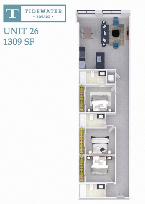 Floor plan for 3 beds, 3 baths, 1309 sqft