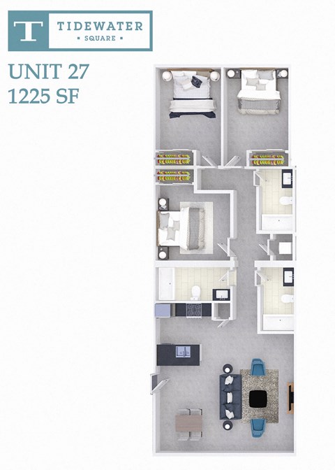 Floor plan for 3 beds, 3 baths, 1236 sqft