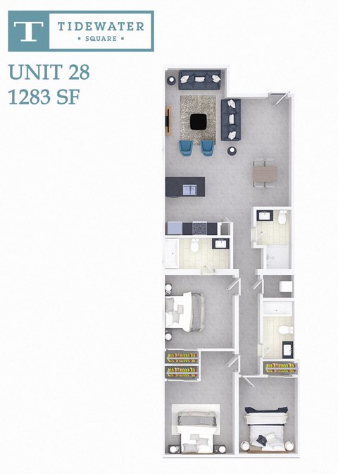 Floor plan for 3 beds, 3 baths, 1264 sqft