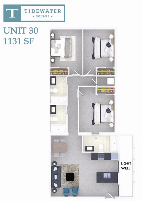 Floor plan for 3 beds, 3 baths, 1131 sqft