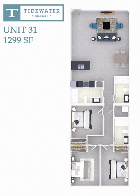 Floor plan for 3 beds, 3 baths, 1299 sqft