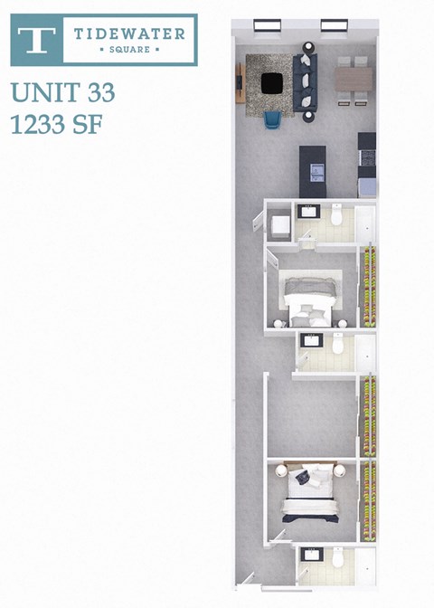 Floor plan for 3 beds, 3 baths, 1233 sqft