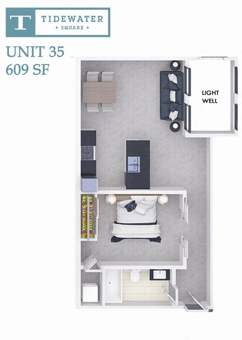 Floor plan for 1 bed, 1 bath, 609 sqft