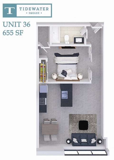 Floor plan for 1 bed, 1 bath, 655 sqft