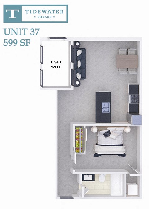 Floor plan for 1 bed, 1 bath, 599 sqft