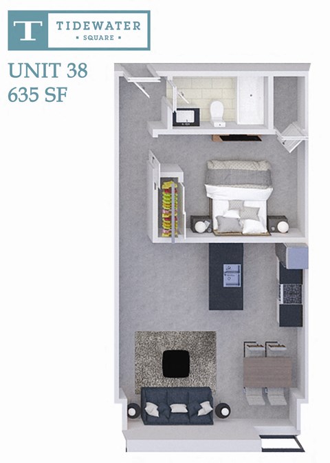 Floor plan for 1 bed, 1 bath, 635 sqft