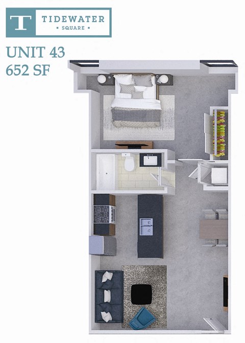 Floor plan for 1 bed, 1 bath, 652 sqft
