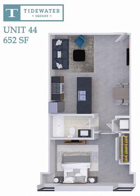 Floor plan for 1 bed, 1 bath, 652 sqft
