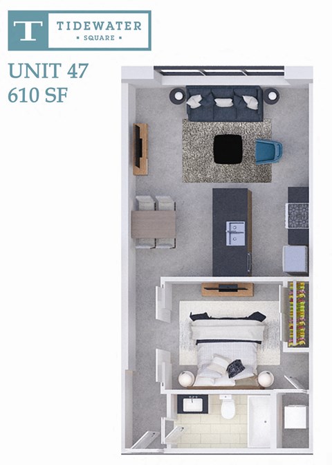 Floor plan for 1 bed, 1 bath, 610 sqft