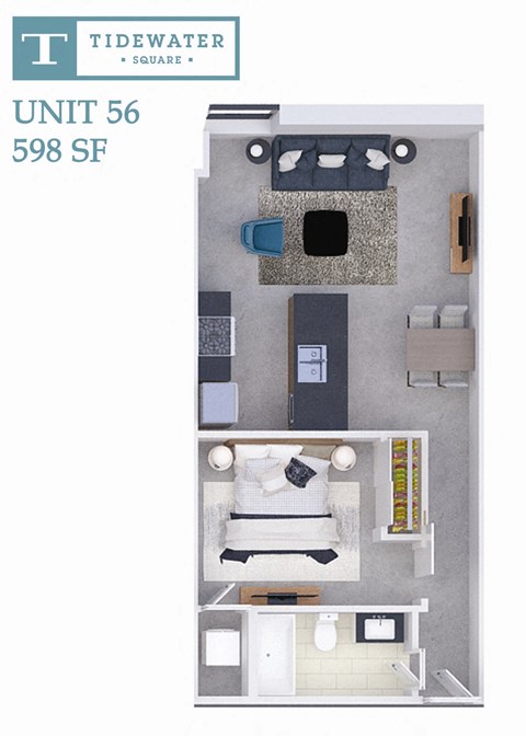 Floor plan for 1 bed, 1 bath, 598 sqft
