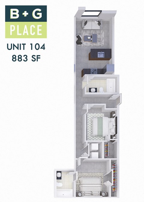 Floor plan for 2 beds, 2 baths, 883 sqft