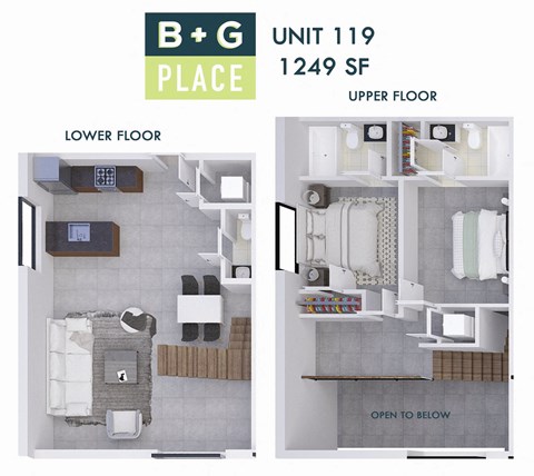 Floor plan for 2 beds, 2 baths, 1249 sqft