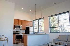 Norfolk apartment for rent - A modern kitchen with wooden cabinets and stainless steel appliances.