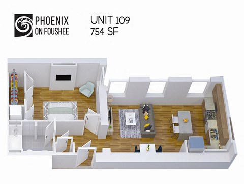 Floor plan for 1 bed, 1 bath, 754 sqft