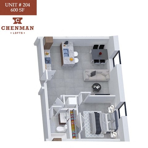 Floor plan for 1 bed, 1 bath, 600 sqft