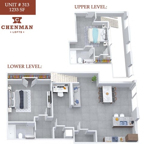Floor plan for 2 beds, 2 baths, 1233 sqft