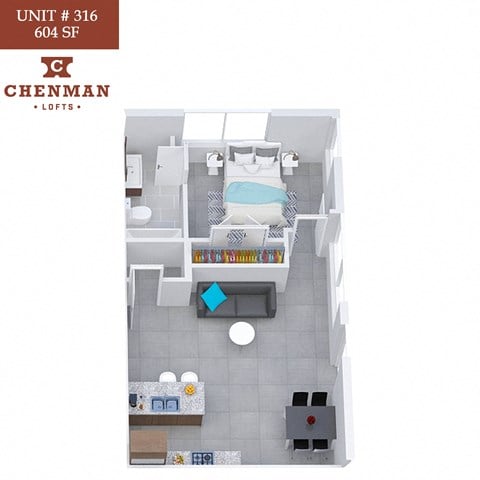 Floor plan for 1 bed, 1 bath, 604 sqft