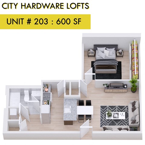 Floor plan for 1 bed, 1 bath, 600 sqft