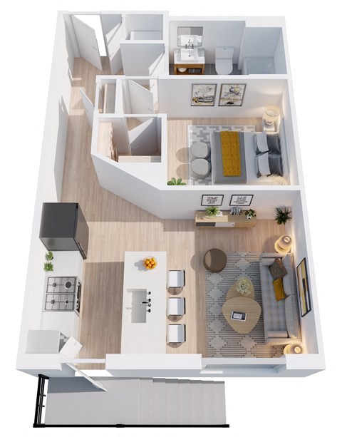 Floor plan for 1 bed, 1 bath, 596 sqft