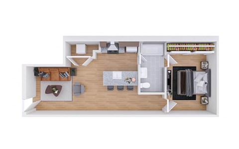 Floor plan for 1 bed, 1 bath, 671 sqft