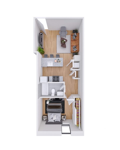 Floor plan for 1 bed, 1 bath, 587 sqft