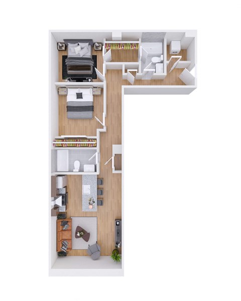 Floor plan for 2 beds, 2 baths, 932 sqft