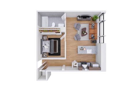 Floor plan for 1 bed, 1 bath, 599 sqft