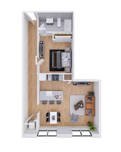 Floor plan for 1 bed, 1 bath, 627 sqft