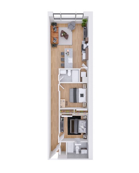 Floor plan for 2 beds, 2 baths, 835 sqft